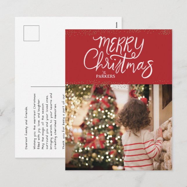 Hand Lettered Merry Christmas Red Photo Postcard (Front/Back)