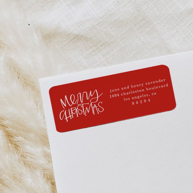 Hand Lettered Merry Christmas Return Address Label (Red Merry Christmas festive return address labels.)