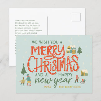 Hand Lettered Merry Christmas Village Holiday Postcard