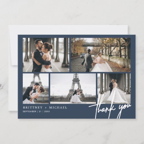 Hand_Lettered Modern Photo Collage Dusty Navy Blue Thank You Card