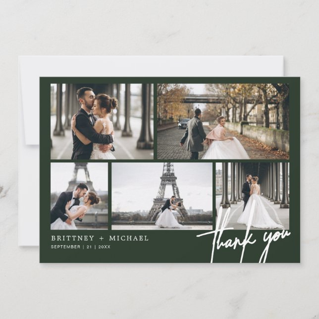 Hand-Lettered Modern Photo Collage Forest Green Thank You Card (Front)