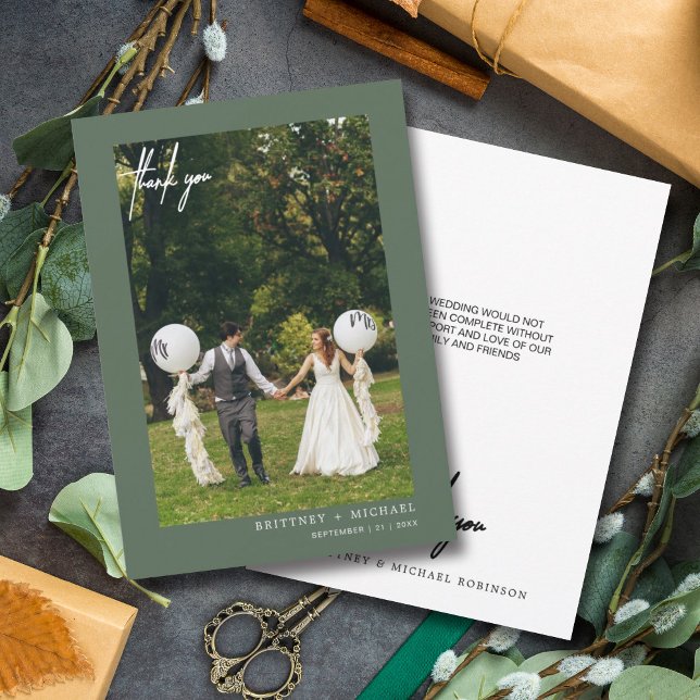 Hand-Lettered Modern Photo Sage Green Thank You Card (Modern elegant hand written wedding thank you card for the minimalistic bride.)