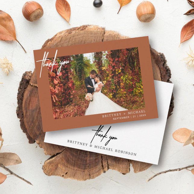 Hand-Lettered Modern Photo Terracotta Thank You Card (Modern elegant wedding thank you card with a wedding photo on the front and simple hand written font)