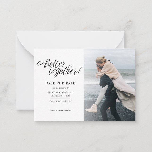 Hand-Lettered Modern Photo Wedding Save The Date Note Card (Front)