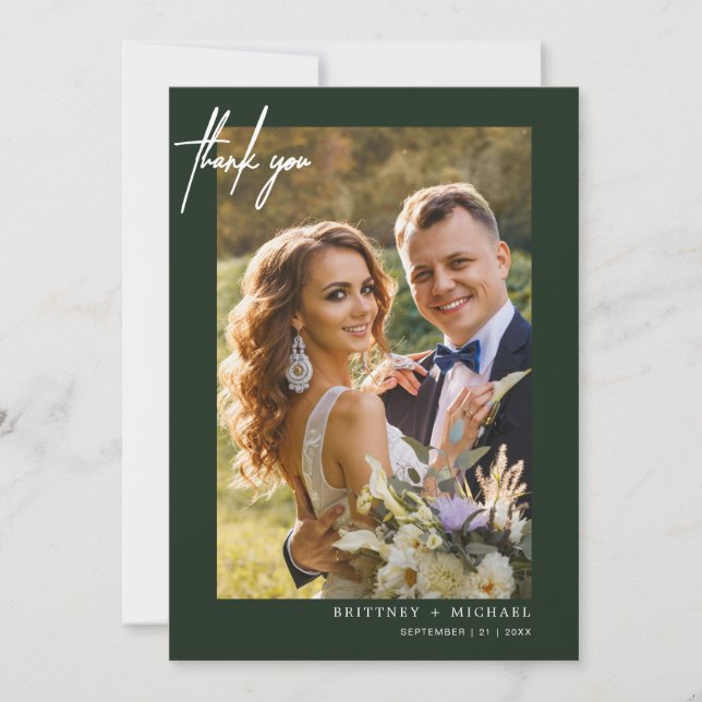 Hand-Lettered Modern Simple Photo Forest Green Thank You Card (Front)