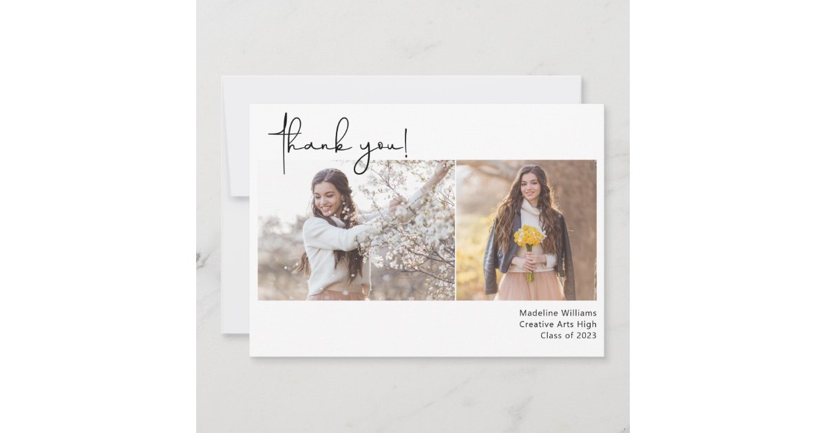 Hand Lettered Graduation Card Hand-Lettered Modern Two Photo Graduation Thank You Card | Zazzle