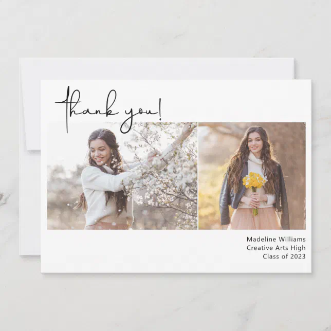 Hand Lettered Graduation Card Hand-Lettered Modern Two Photo Graduation Thank You Card | Zazzle