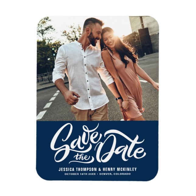 Hand Lettered Navy Blue Photo Save the Date Magnet (Vertical)