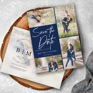 Hand Lettered Navy Photo Collage Save the Date Announcement Postcard