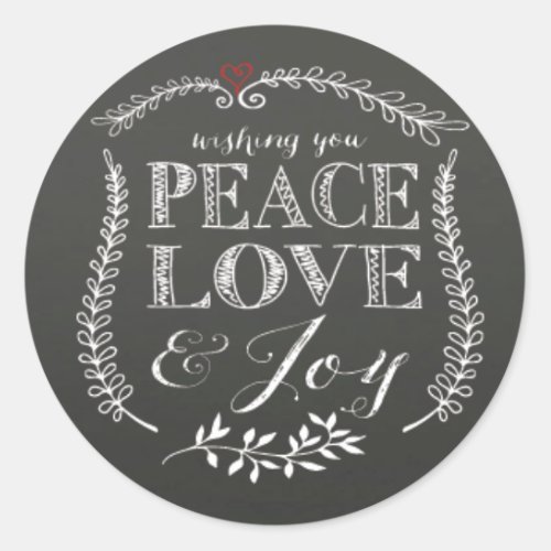 Hand lettered Peace Love Joy Chalkboard Holiday Classic Round Sticker