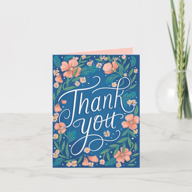 Hand Lettered Peach Blue Floral Photo Thank You Card (Front)