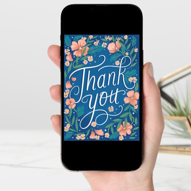 Hand Lettered Peach Blue Floral Photo Thank You Card (Front Digital)