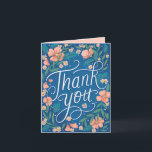 Hand Lettered Peach Blue Floral Photo Thank You Card<br><div class="desc">Photo option inside: original illustration and lettering by Becky Nimoy "Thank You" in white cursive over blue with peach flowers.</div>