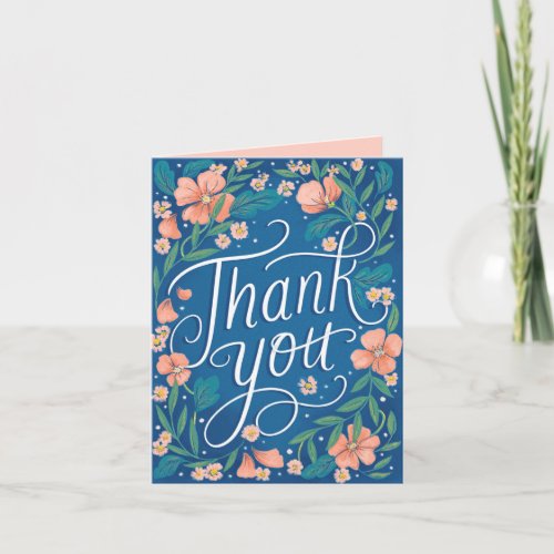 Hand Lettered Peach Blue Floral Photo Thank You Card