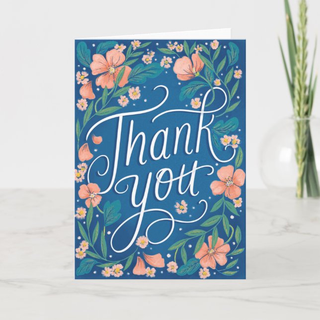Hand-Lettered Peach Blue Floral Thank You Card (Front)