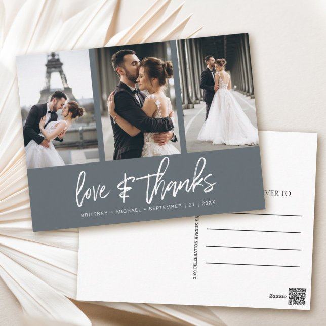 Hand-Lettered Photo Collage Dark Grey Thank You Postcard (Show your appreciation to your loved ones with an awesome photo thank-you card!)