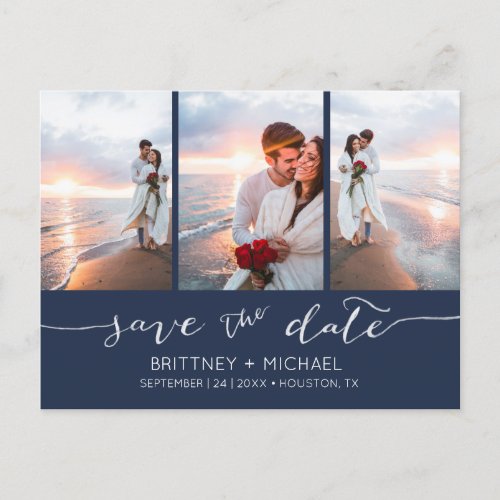 Hand Lettered Photo Collage Navy Blue Announcement Postcard