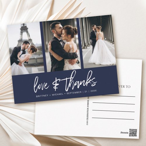 Hand_Lettered Photo Collage Navy Blue Thank You Postcard