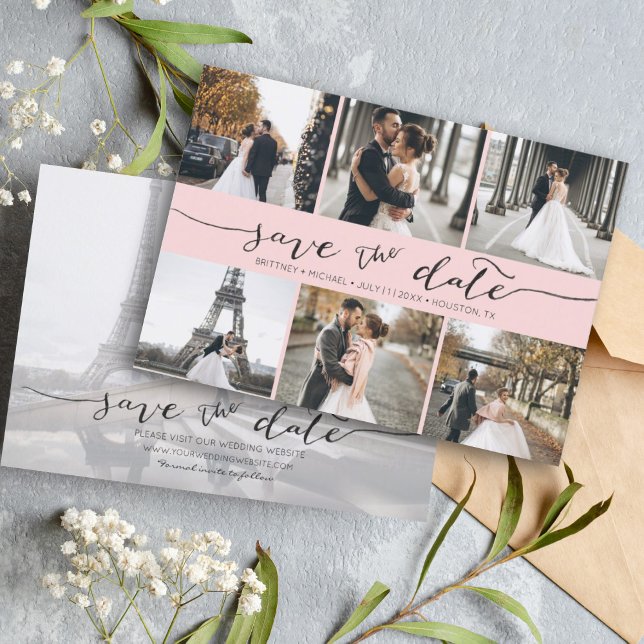Hand Lettered Photo Collage Save the Date Pink (Modern Save the Date card featuring 6 photos and a hand lettered font for a minimalistic design.)