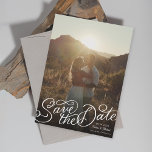Hand-lettered Photo Save The Date<br><div class="desc">Curly fun lettering "Save the Date" over full bleed photo. customize to change the fonts of the editable text and backer. Lettering by Becky Nimoy. Portrait and landscape version available</div>