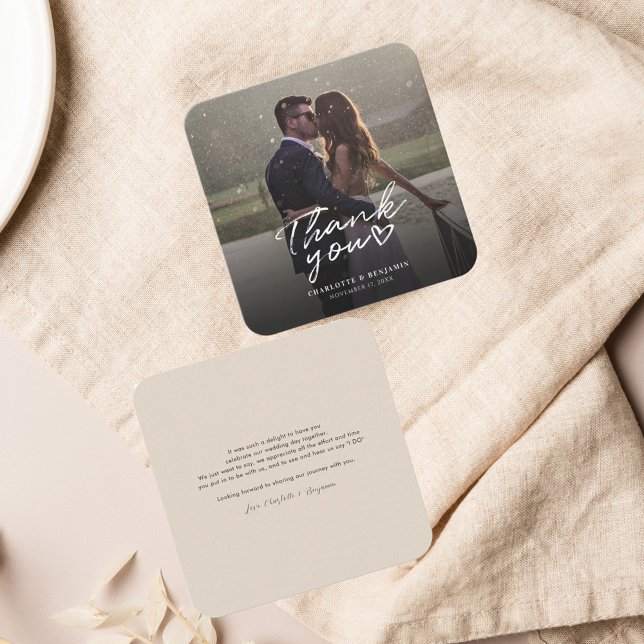 Hand-Lettered Photo Script Wedding Thank You Note Card (Couples Photo Wedding Thank You Mini Rounnded Corner Card)