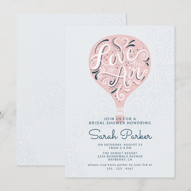 Hand Lettered Pink Hot Air Balloon Bridal Shower Invitation (Front/Back)