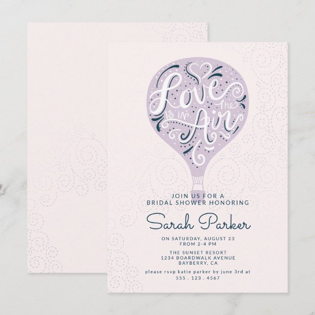 Hand Lettered Purple Hot Air Balloon Bridal Shower Invitation (Front/Back)