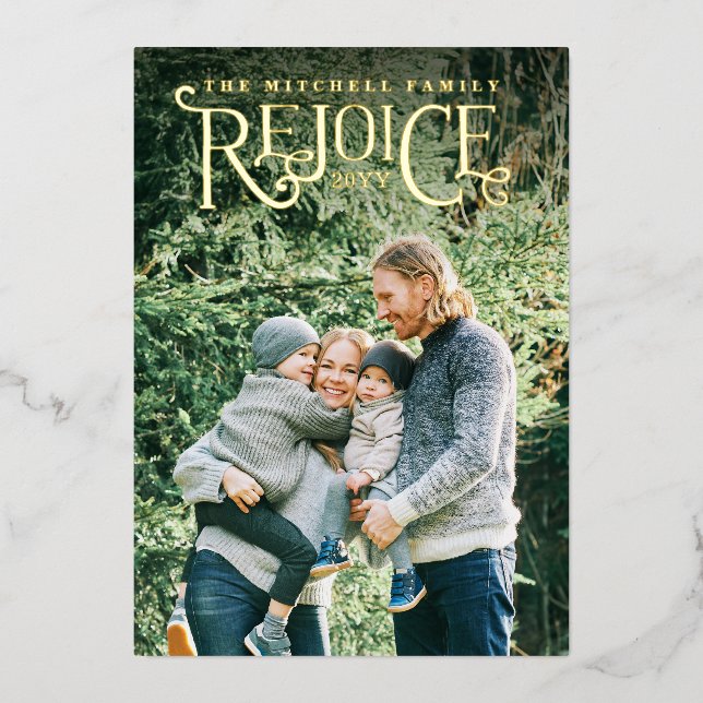 Hand-lettered Rejoice Christmas Foil Holiday Card (Front)