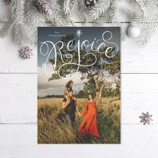 Hand lettered Rejoice Christmas Photo Holiday Card