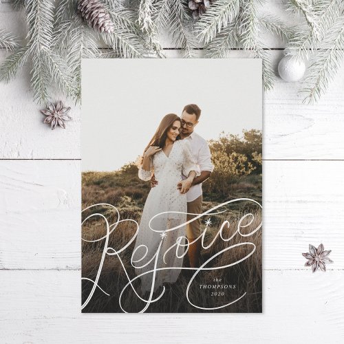 Hand lettered Rejoice Holiday Christmas Photo Card