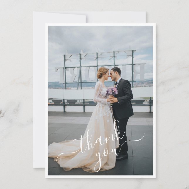 Hand Lettered Script Add Your 2 Photo Wedding Thank You Card (Front)