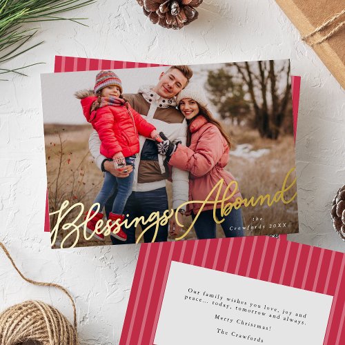 Hand Lettered Script Blessings Christmas Photo Foil Holiday Postcard