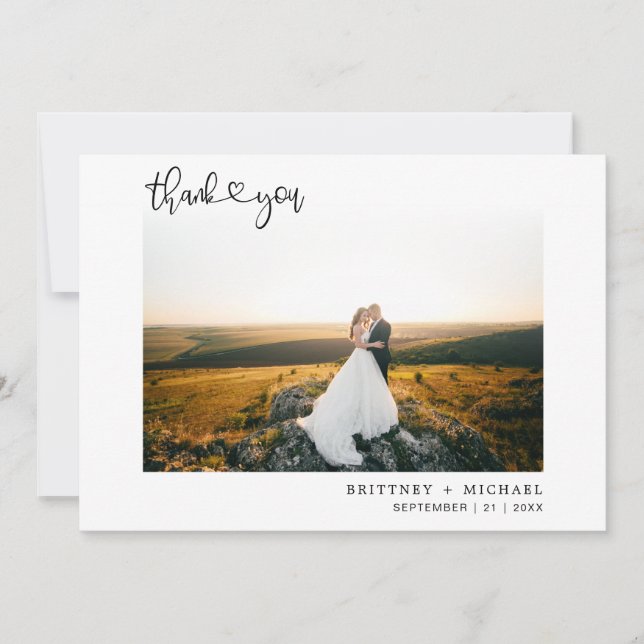 Hand-Lettered Script Heart Photo Love & Thanks Thank You Card (Front)