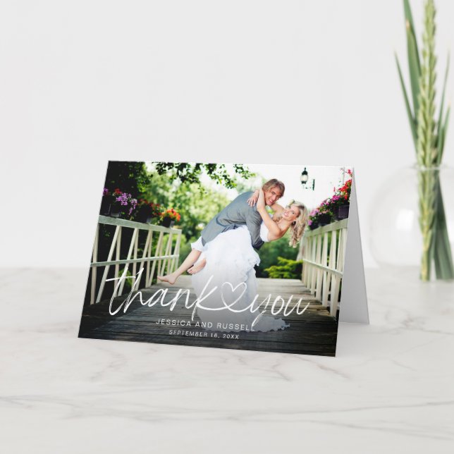 Hand Lettered Script Heart Photos Wedding Letterpress Thank You Card (Front)
