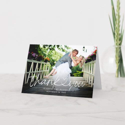 Hand Lettered Script Heart Photos Wedding Thank You Card