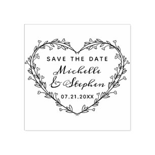 Hand Lettered Script Heart Wreath Save The Date Rubber Stamp