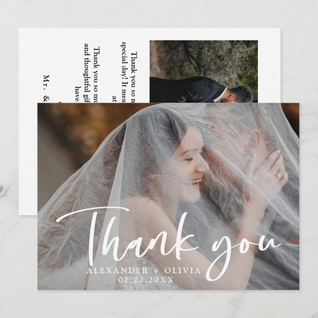 Hand Lettered Script Overlay Wedding Photo Thank You Card (Front/Back)