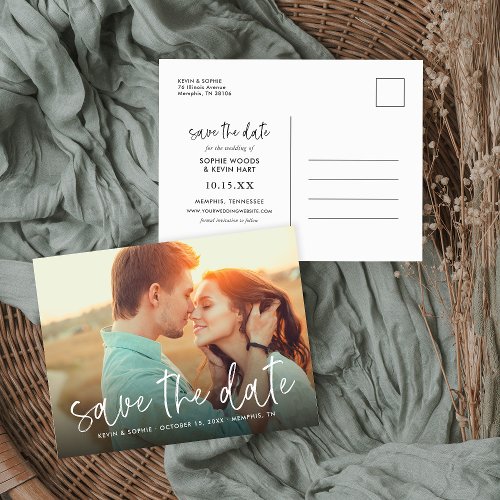 Hand_Lettered Script Photo Overlay Save the Date Announcement Postcard