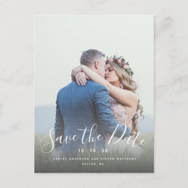 Hand Lettered Script Photo Save the Date Postcard (Front)