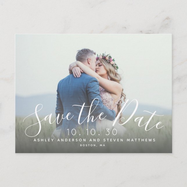 Hand Lettered Script Photo Save the Date Postcard (Front)