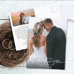 Hand Lettered Script Photos Wedding Thank You Postcard<br><div class="desc">Elegant and simple wedding thank you template postcard featuring hand lettered typography script text with a heart between the words. Add your favorite photo full bleed in the front and another photo in the back with default message on the back that is editable.</div>