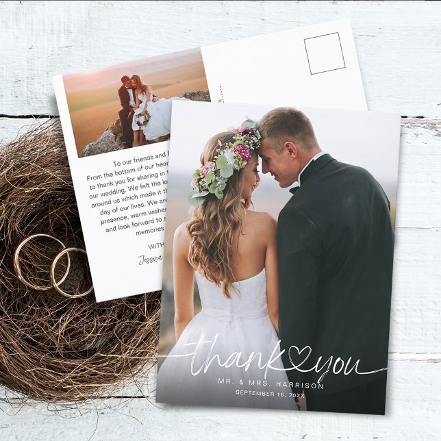 Hand Lettered Script Photos Wedding Thank You Postcard (Hand Lettered Script Photos Wedding Thank You Postcard)