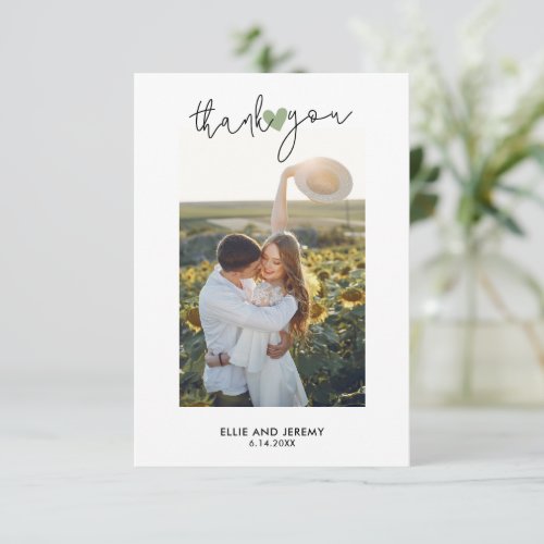 Hand Lettered Script Sage Green Heart Wedding Thank You Card