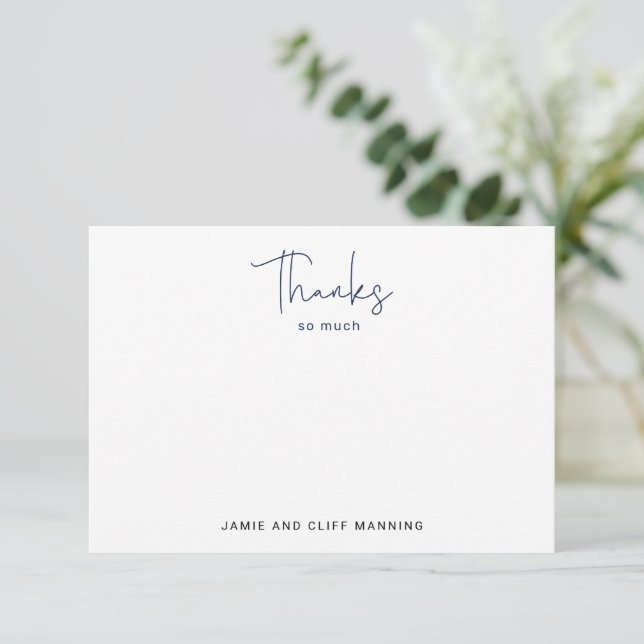 Hand Lettered Script Thanks So Much Navy Blue Note Card (Standing Front)