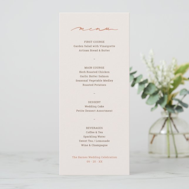 Hand Lettered Script Wedding Menu (Standing Front)