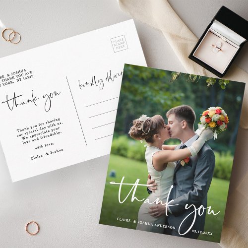 Hand Lettered Script Wedding Photo Thank You Postcard
