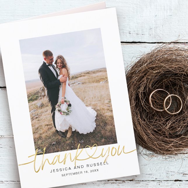 Hand Lettered Script with Heart Photos Wedding Letterpress Thank You Card (Creator Uploaded)