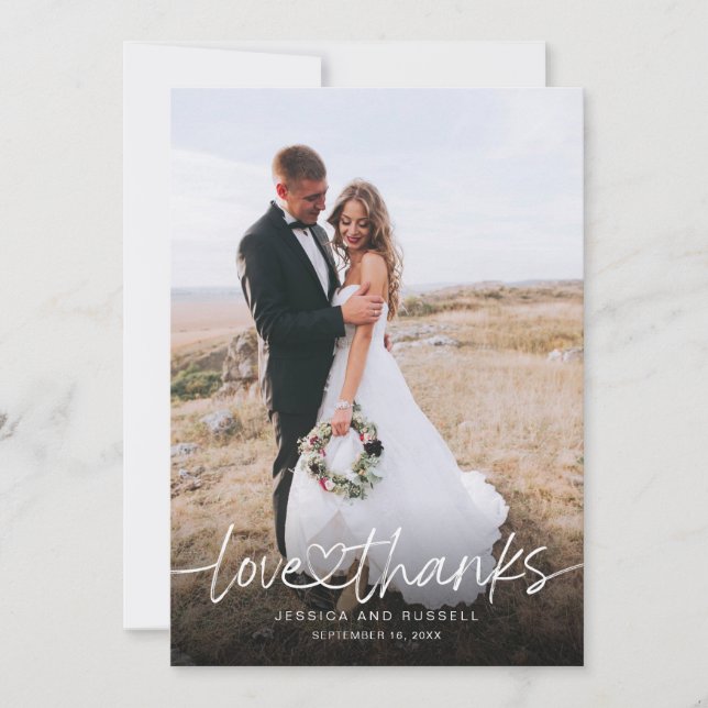 Hand Lettered Script with Heart Photos Wedding Thank You Card (Front)