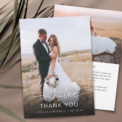 Hand Lettered Script with Heart Photos Wedding Thank You Card