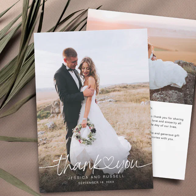 Hand Lettered Script with Heart Photos Wedding Thank You Card | Zazzle